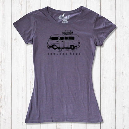 Purple Retro Van T-Shirt for Women made of bamboo and organic cotton, showcasing a vintage van and 'Explore More' slogan.