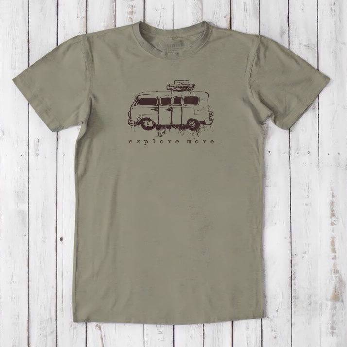 Olive green men's graphic tee in bamboo & organic cotton featuring a vintage van and 'Explore More' text, ideal for travel-themed gifts.
