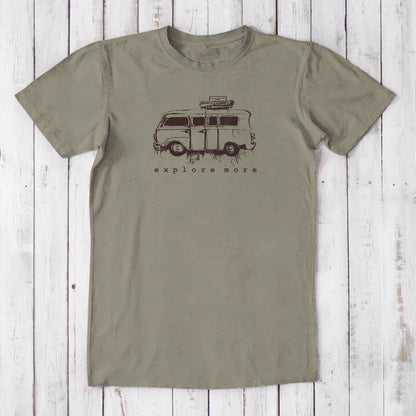 Olive green men's graphic tee in bamboo & organic cotton featuring a vintage van and 'Explore More' text, ideal for travel-themed gifts.