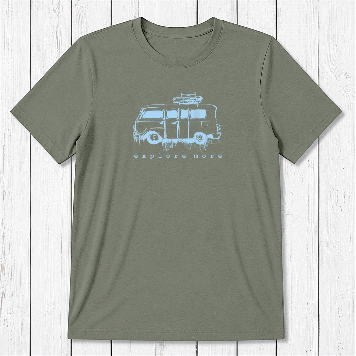 Olive green men's graphic tee in bamboo & organic cotton featuring a vintage van and 'Explore More' text, ideal for travel-themed gifts.