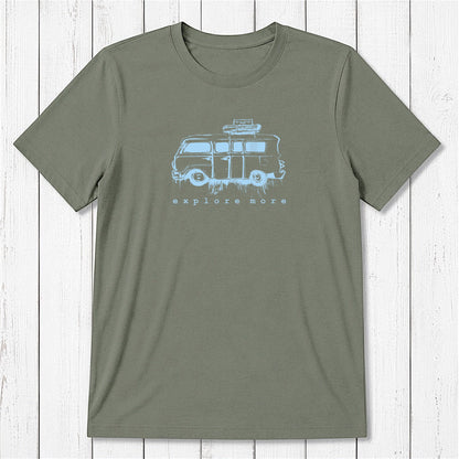 Olive green men's graphic tee in bamboo & organic cotton featuring a vintage van and 'Explore More' text, ideal for travel-themed gifts.