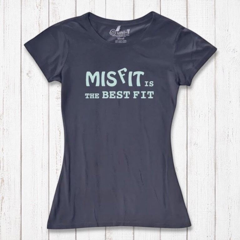 Navy blue women's t-shirt with 'Misfit is the Best Fit' print. Crafted from bamboo and organic cotton for comfort and self-expression.