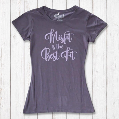 Women's Misfit T-Shirt in dark purple bamboo and organic cotton with lavender script 'Misfit is the Best Fit'. Eco-friendly rebel fashion tee.