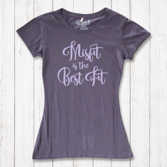 Women's Misfit T-Shirt in dark purple bamboo and organic cotton with lavender script 'Misfit is the Best Fit'. Eco-friendly rebel fashion tee.