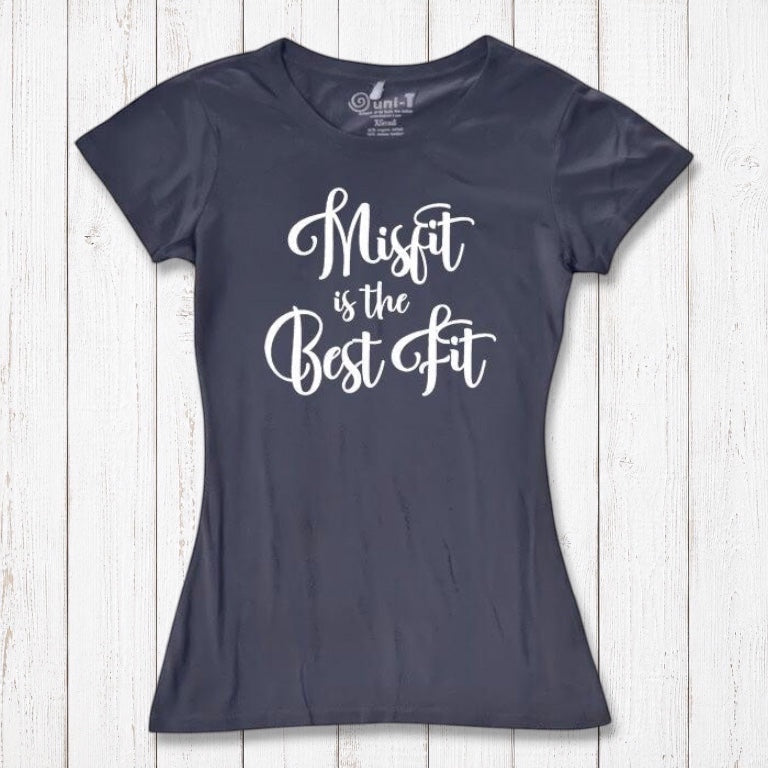 Navy Women's Misfit T-Shirt in bamboo and organic cotton with white 'Misfit is the Best Fit' design. Ideal for eco-conscious statement wear.