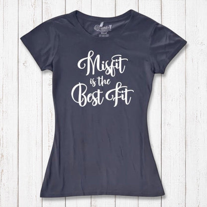 Navy Women's Misfit T-Shirt in bamboo and organic cotton with white 'Misfit is the Best Fit' design. Ideal for eco-conscious statement wear.