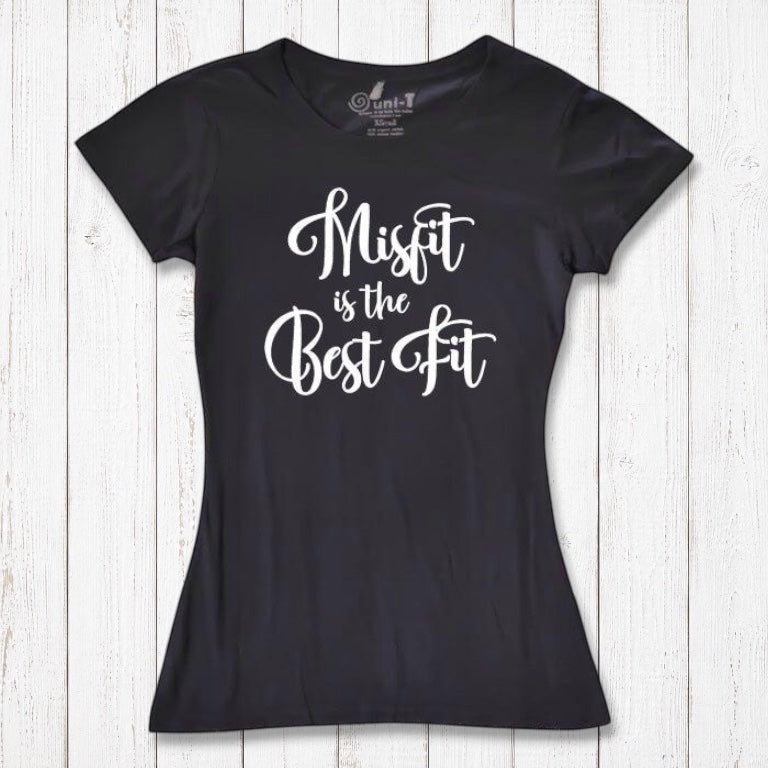Black Women's Misfit T-Shirt crafted from bamboo and organic cotton. White script design promotes individuality and sustainable fashion.