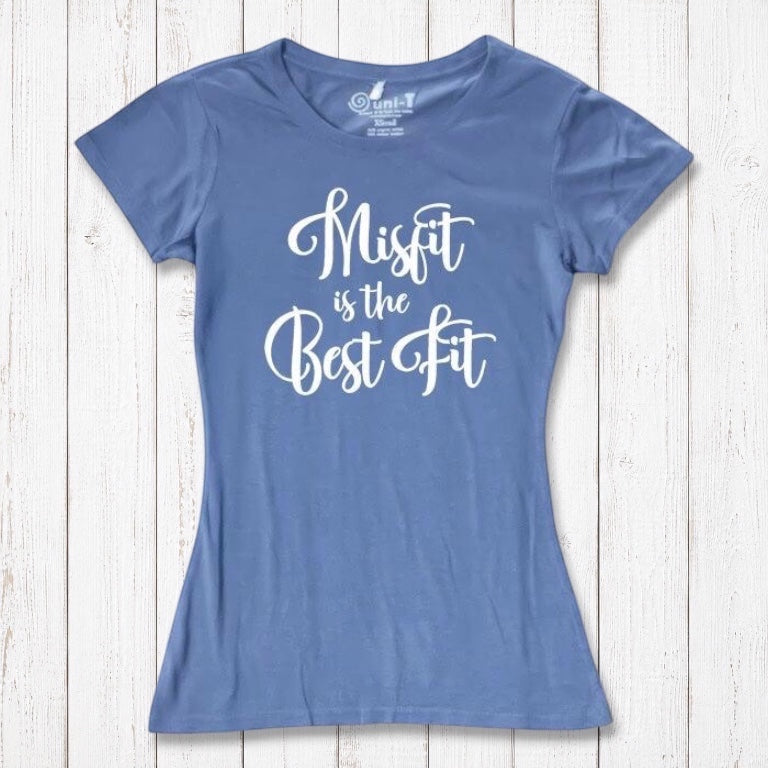 Ocean blue Women's Misfit T-Shirt in bamboo and organic cotton with white script. A bold, eco-friendly tee for rebels and misfits.