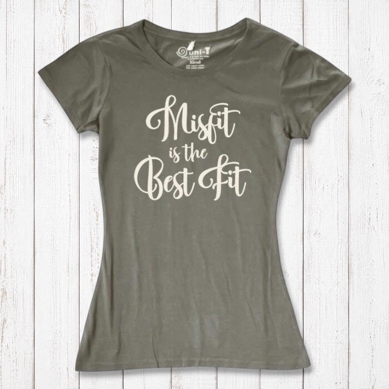 Khaki green Women's Misfit T-Shirt in bamboo and organic cotton. Features cream script for a natural, earthy statement look.