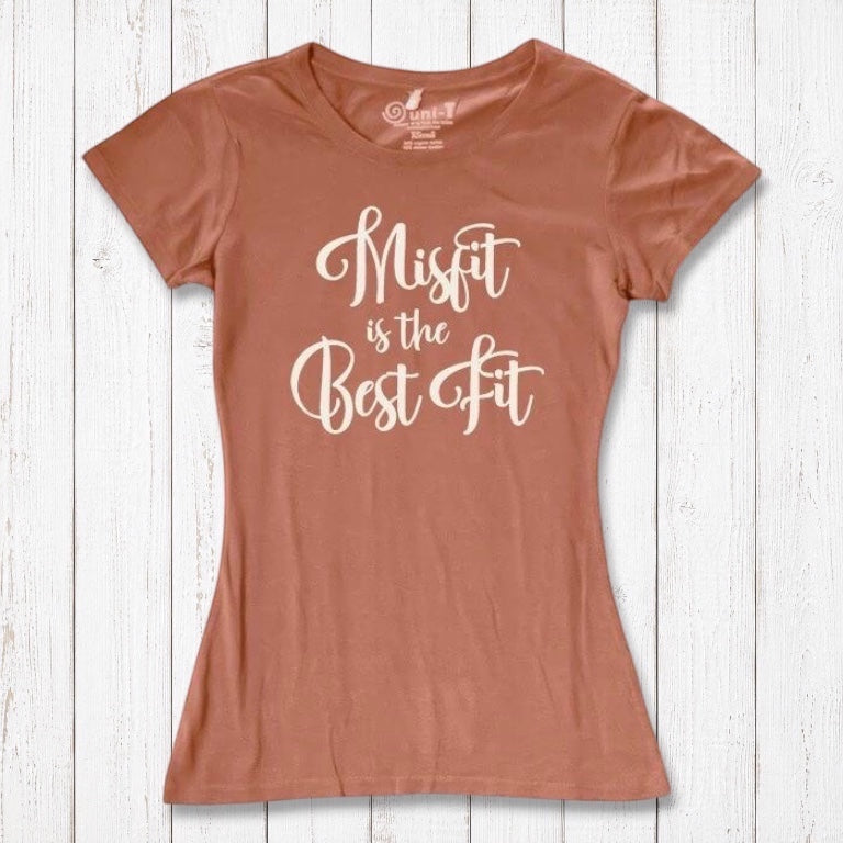 Terracotta Women's Misfit T-Shirt in bamboo and organic cotton with white script. A warm-toned tee for bold, sustainable self-expression.