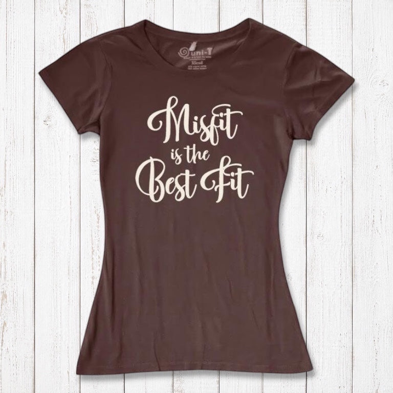 Dark brown Women's Misfit T-Shirt in bamboo and organic cotton with cream script. Earthy tones meet rebellious message in eco fashion.