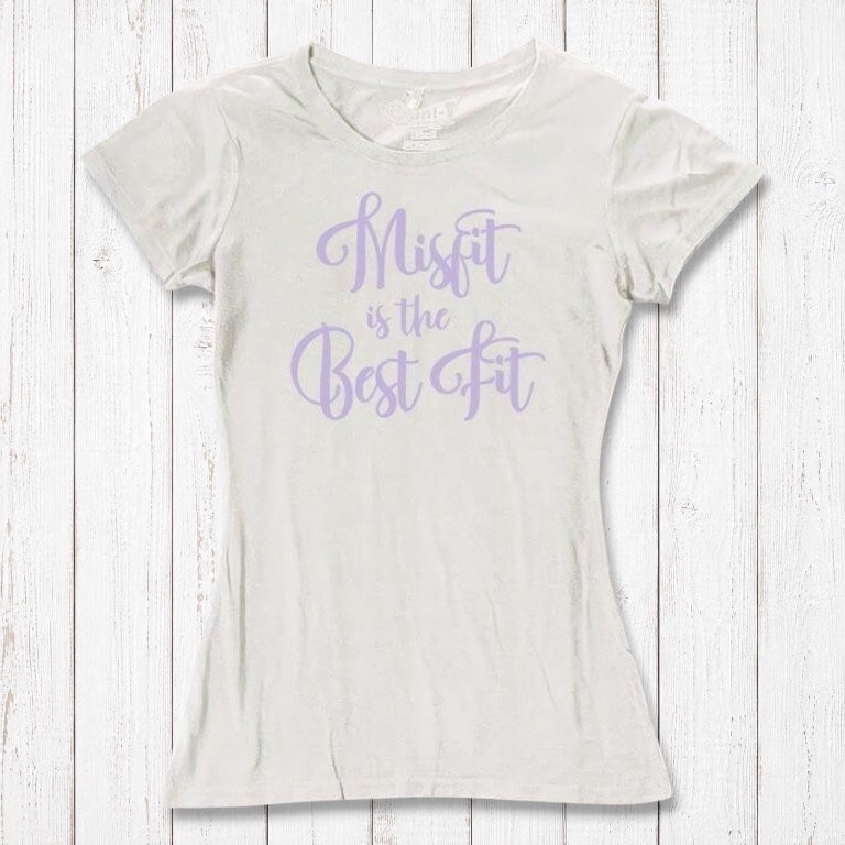 Ivory Women's Misfit T-Shirt in bamboo and organic cotton with lavender script. Light, breathable tee for unique, eco-friendly style.