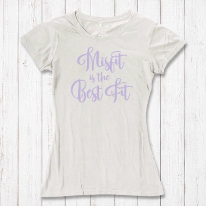 Ivory Women's Misfit T-Shirt in bamboo and organic cotton with lavender script. Light, breathable tee for unique, eco-friendly style.