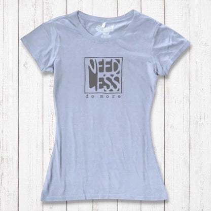 Light lavender women's bamboo and organic cotton t-shirt with 'Need Less Do More' quote. Sustainable minimalist fashion gift.