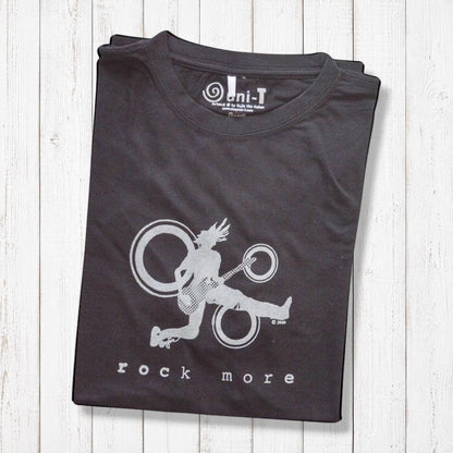 'Rock More' men's guitar T-shirt in folded black bamboo cotton, with silver rock and roll graphic, ideal gift for musicians.