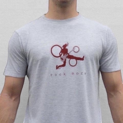 Light grey bamboo cotton 'Rock More' men's guitar T-shirt with red rock and roll graphic, classic fit for music lovers.