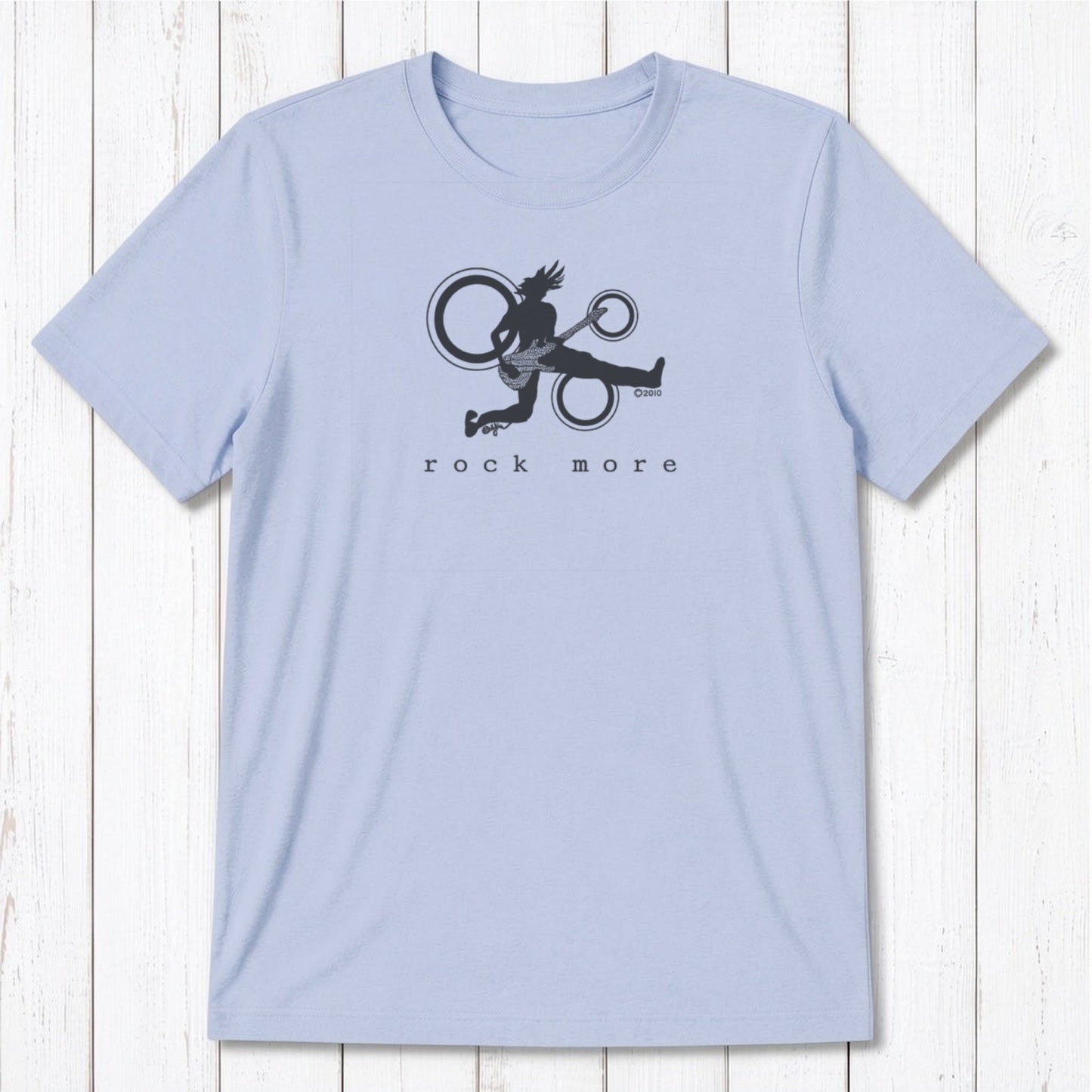 Light blue men's 'Rock More' guitar T-shirt in bamboo cotton with dark blue rock and roll graphic, sustainable and stylish.