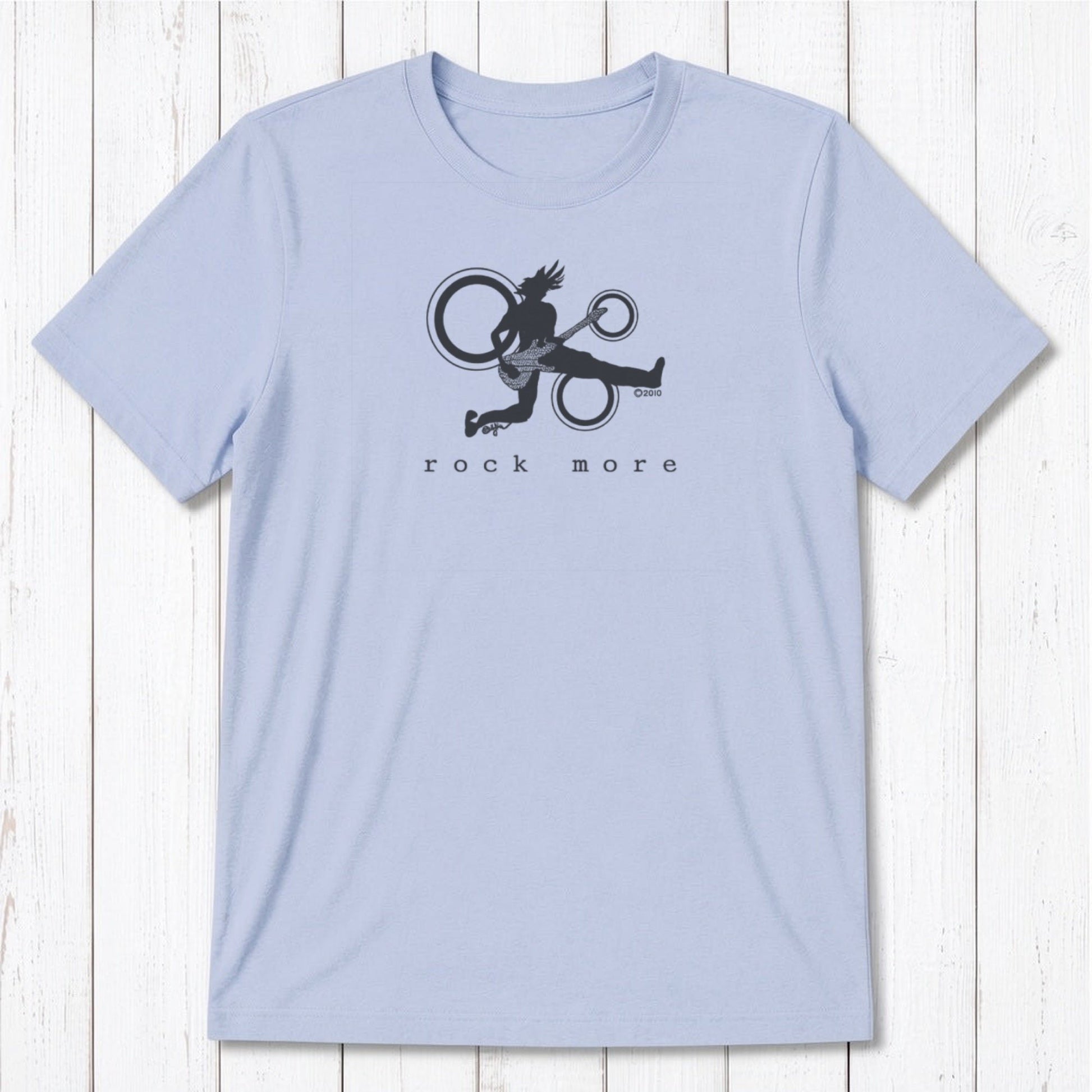 Light blue men's 'Rock More' guitar T-shirt in bamboo cotton with dark blue rock and roll graphic, sustainable and stylish.