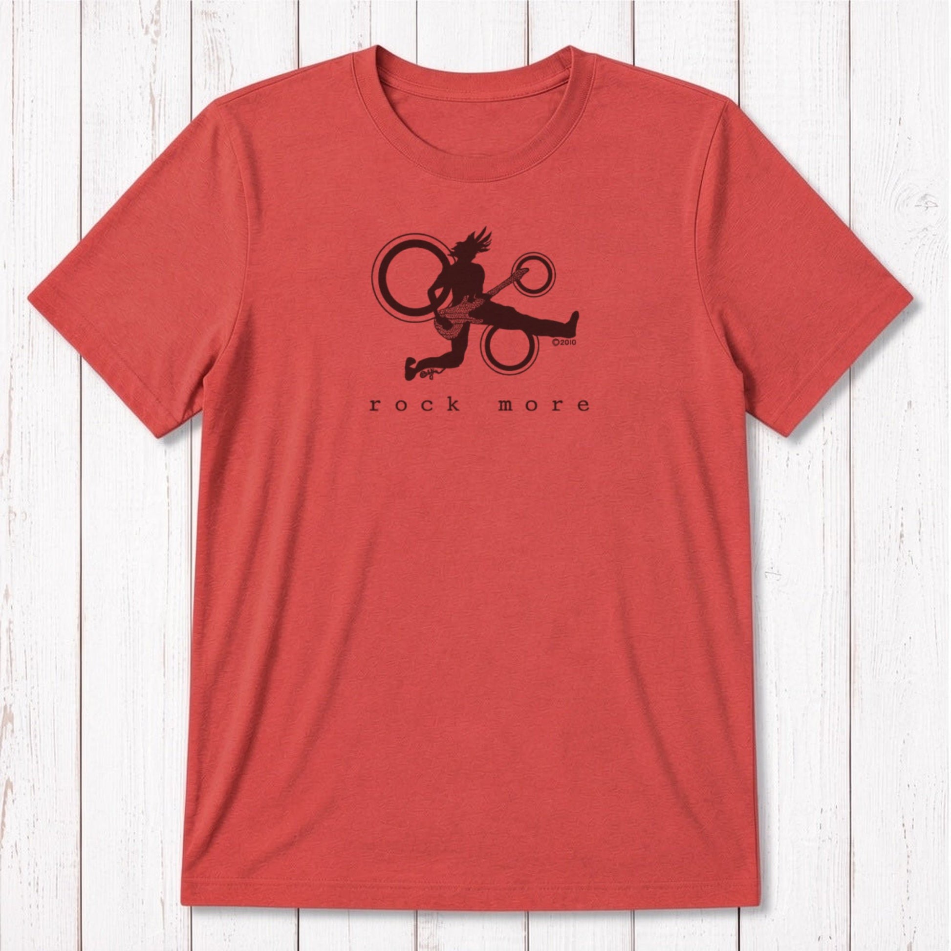Red bamboo cotton 'Rock More' men's guitar T-shirt with white rock and roll graphic, perfect for concert wear or musician gifts.
