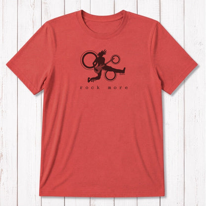 Red bamboo cotton 'Rock More' men's guitar T-shirt with white rock and roll graphic, perfect for concert wear or musician gifts.