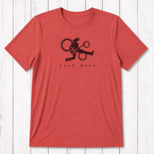 Red bamboo cotton 'Rock More' men's guitar T-shirt with white rock and roll graphic, perfect for concert wear or musician gifts.