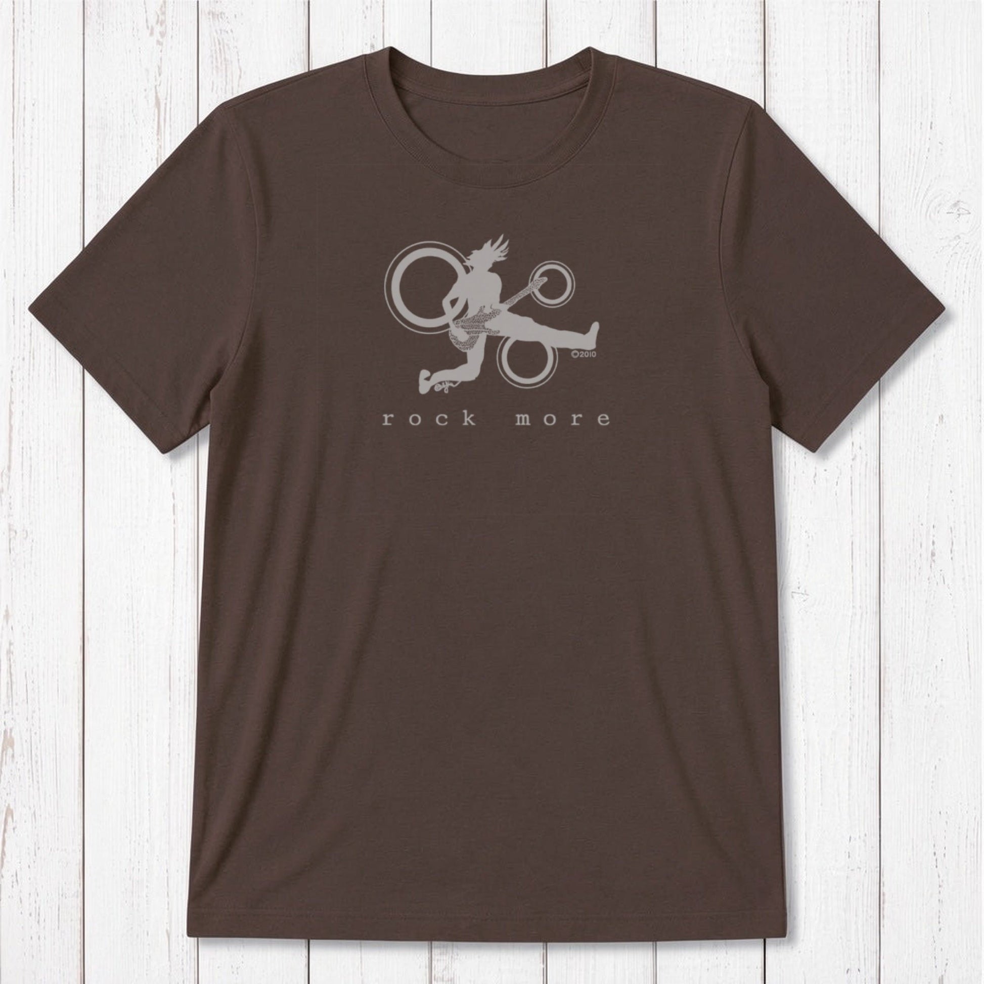 Dark brown 'Rock More' men's guitar T-shirt in bamboo and organic cotton, featuring white rock and roll graphic for eco-conscious musicians.