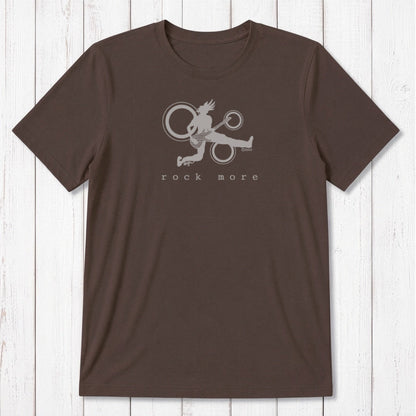 Dark brown 'Rock More' men's guitar T-shirt in bamboo and organic cotton, featuring white rock and roll graphic for eco-conscious musicians.