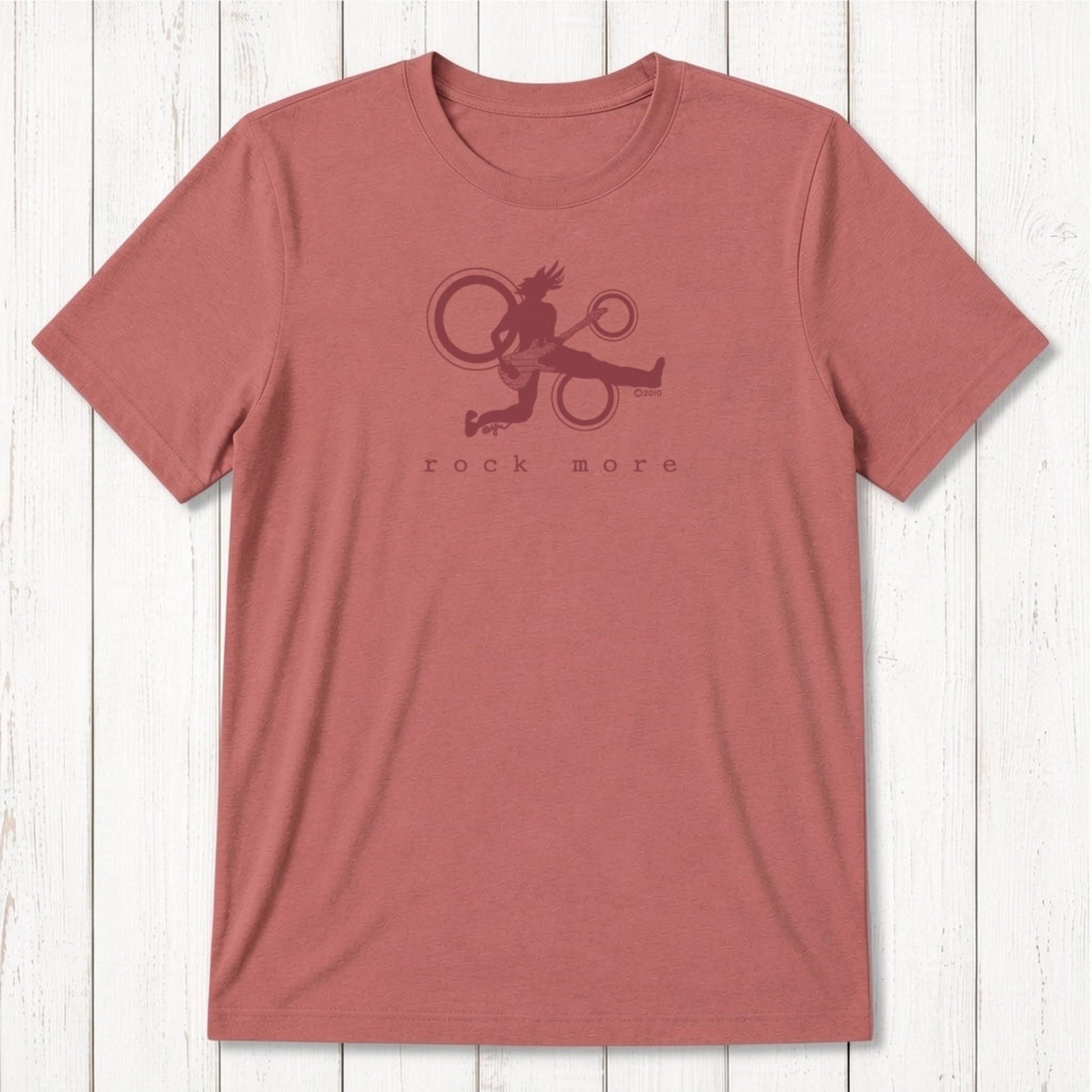 Rust red 'Rock More' men's guitar T-shirt with dark red rock and roll graphic, made from soft bamboo and organic cotton blend.