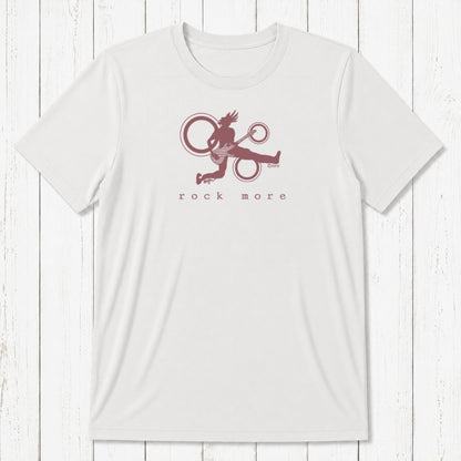 White 'Rock More' men's guitar T-shirt in bamboo cotton with bold black rock and roll graphic, sustainable fashion for music fans.