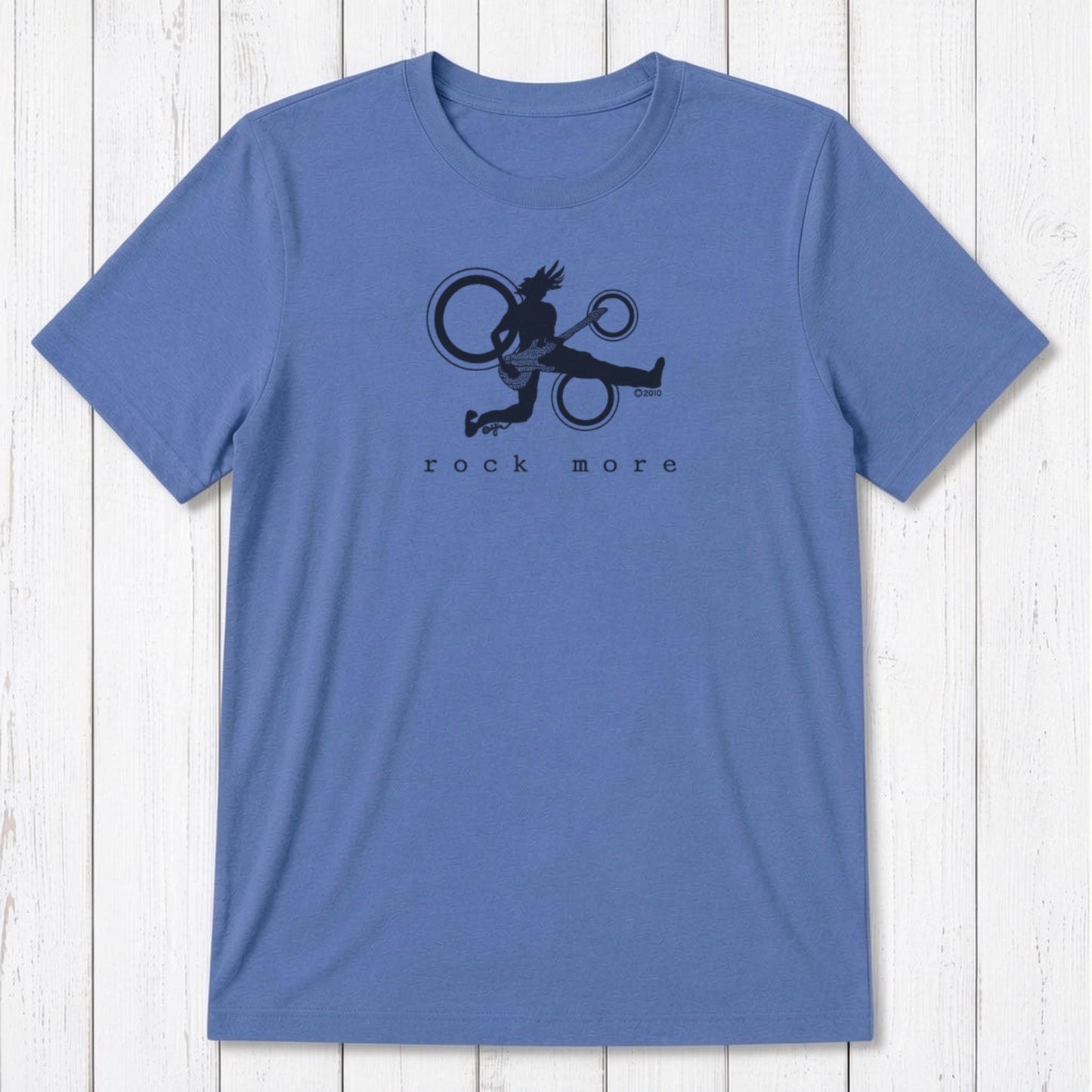 Blue bamboo cotton 'Rock More' men's guitar T-shirt with navy rock and roll graphic, classic fit for musicians and fans.