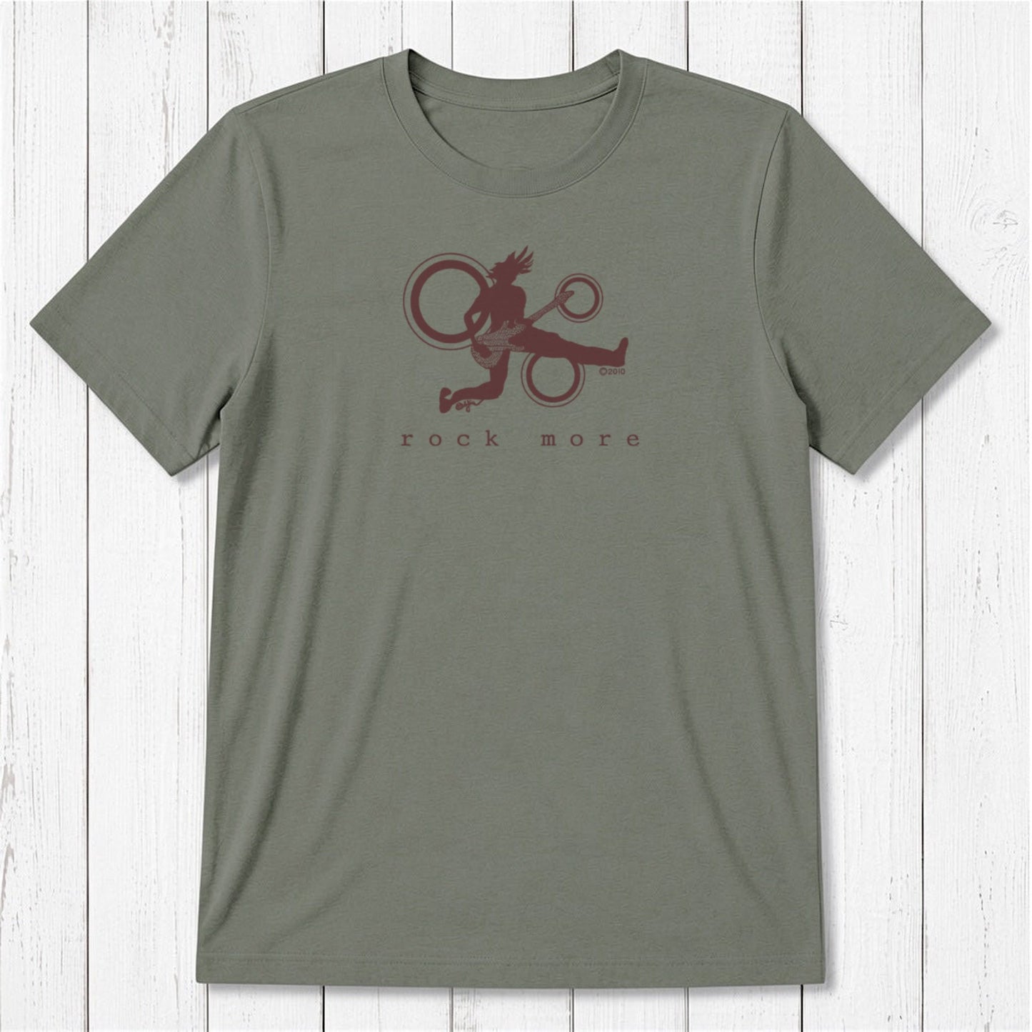 Olive green 'Rock More' men's guitar T-shirt in bamboo and organic cotton, featuring maroon rock and roll graphic, eco-friendly apparel.