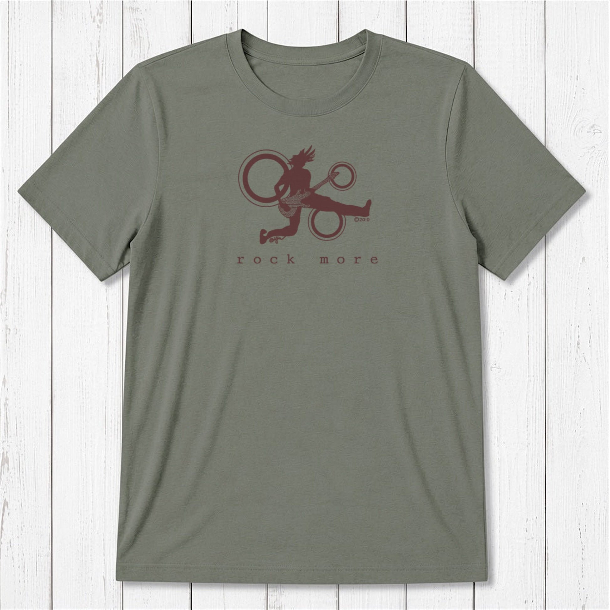 Olive green 'Rock More' men's guitar T-shirt in bamboo and organic cotton, featuring maroon rock and roll graphic, eco-friendly apparel.