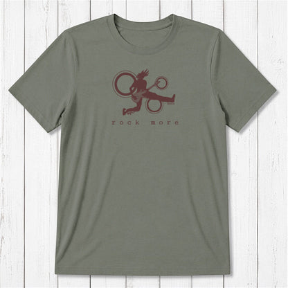 Olive green 'Rock More' men's guitar T-shirt in bamboo and organic cotton, featuring maroon rock and roll graphic, eco-friendly apparel.