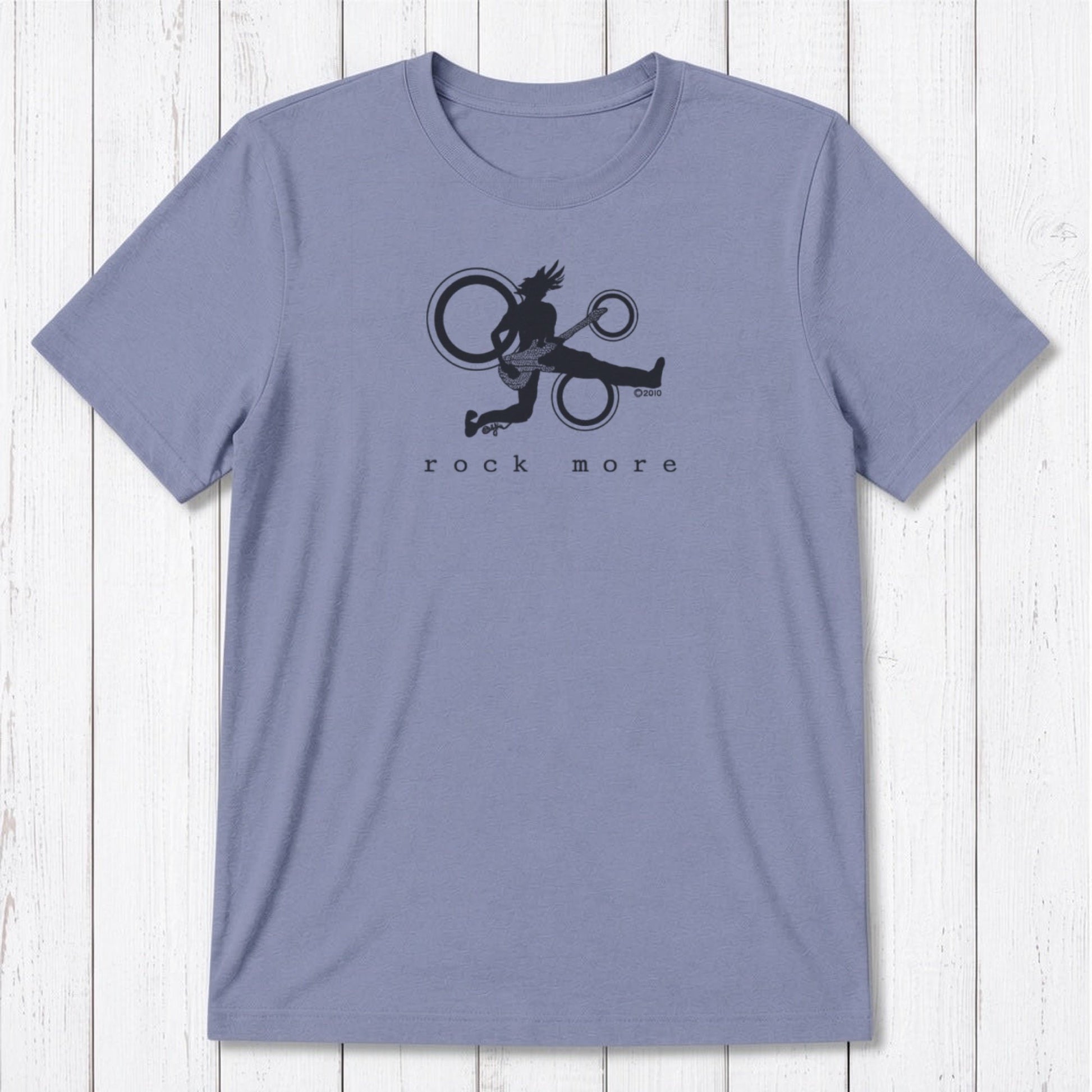 Lavender 'Rock More' men's guitar T-shirt with maroon rock and roll graphic, crafted from bamboo and organic cotton for comfort and style.