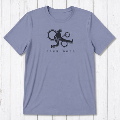 Lavender 'Rock More' men's guitar T-shirt with maroon rock and roll graphic, crafted from bamboo and organic cotton for comfort and style.