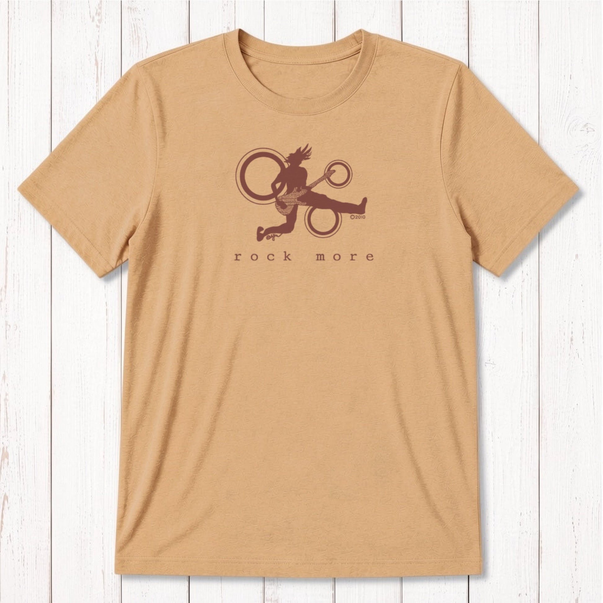 Mustard yellow 'Rock More' men's guitar T-shirt in bamboo cotton blend, with white rock and roll graphic, sustainable gift for musicians.