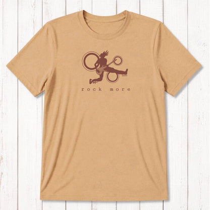 Mustard yellow 'Rock More' men's guitar T-shirt in bamboo cotton blend, with white rock and roll graphic, sustainable gift for musicians.