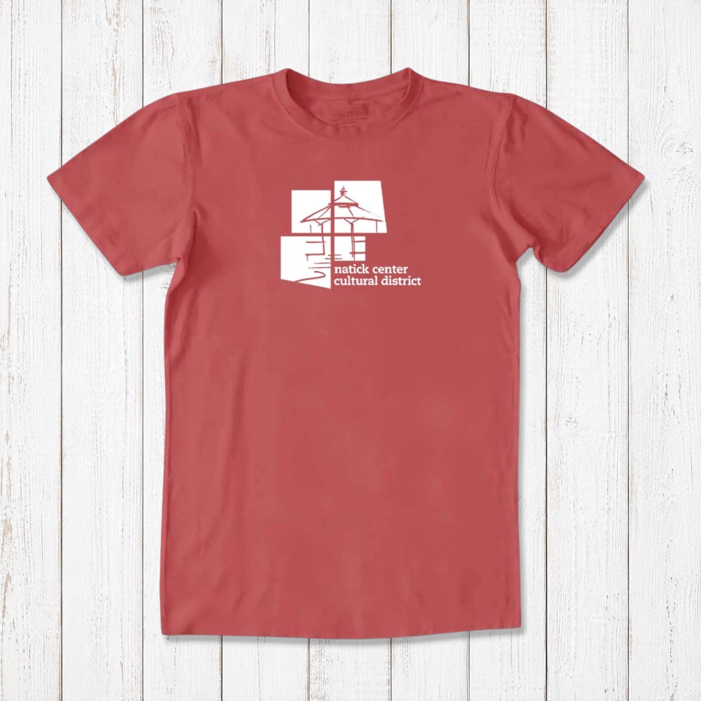 Men's Natick T-shirt in bamboo and organic cotton, red color with white Natick Center Cultural District graphic, classic fit local pride tee.