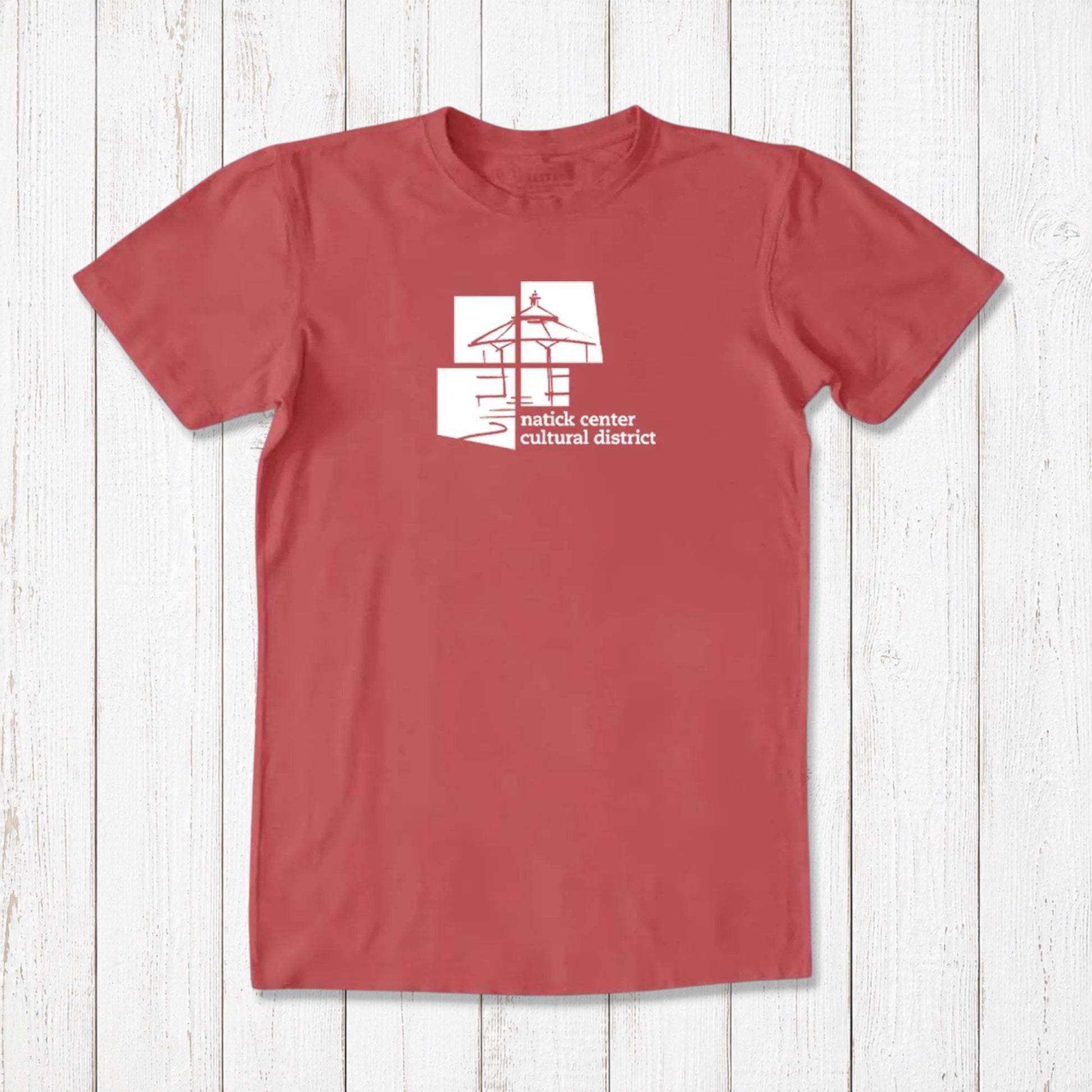Men's Natick T-shirt in bamboo and organic cotton, red color with white Natick Center Cultural District graphic, classic fit local pride tee.