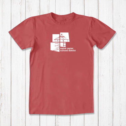 Men's Natick T-shirt in bamboo and organic cotton, red color with white Natick Center Cultural District graphic, classic fit local pride tee.