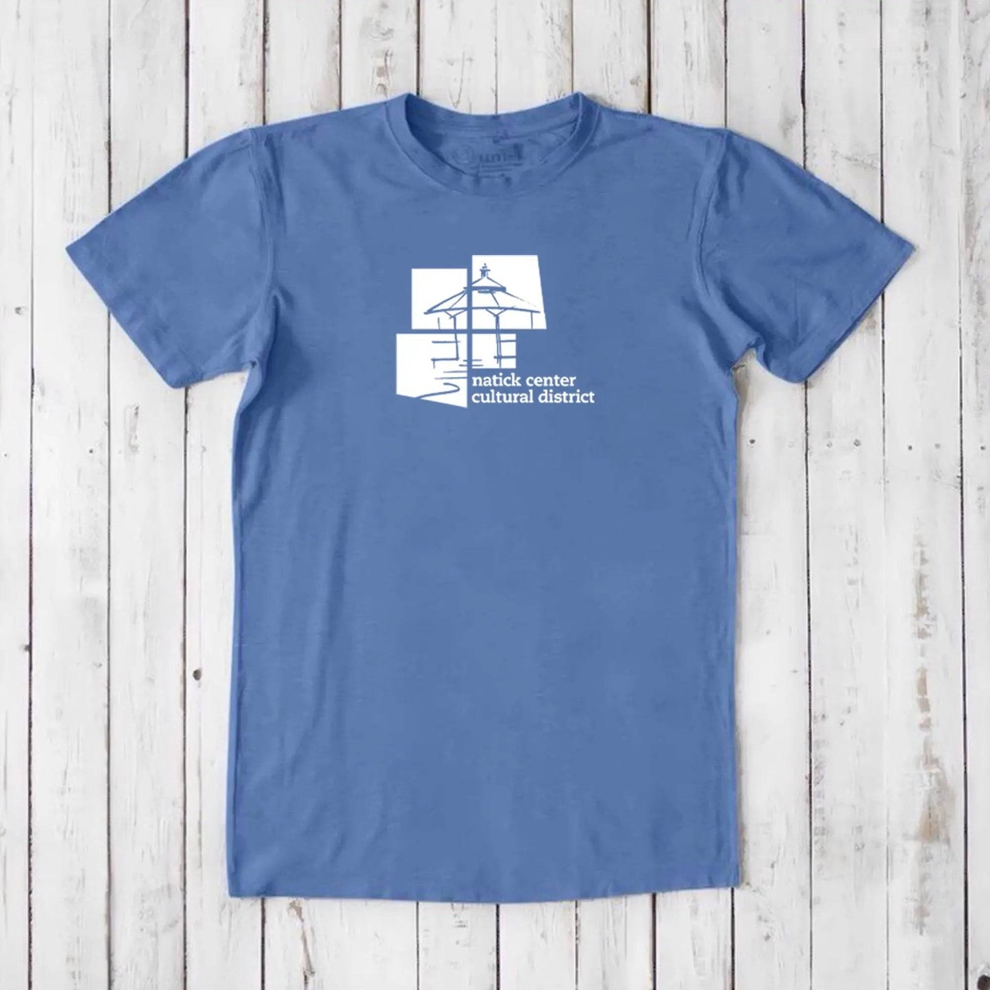 Blue men's Natick Pride T-shirt made from bamboo and organic cotton, featuring white Natick Center Cultural District logo, perfect hometown gift.