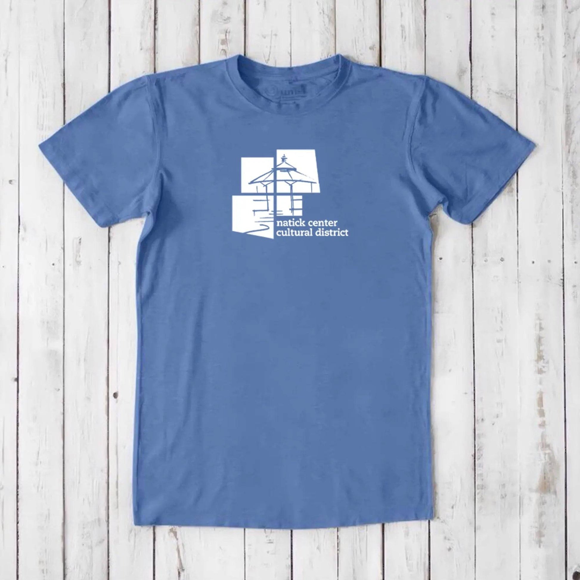 Blue men's Natick Pride T-shirt made from bamboo and organic cotton, featuring white Natick Center Cultural District logo, perfect hometown gift.