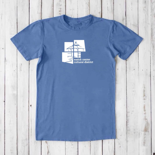 Blue men's Natick Pride T-shirt made from bamboo and organic cotton, featuring white Natick Center Cultural District logo, perfect hometown gift.