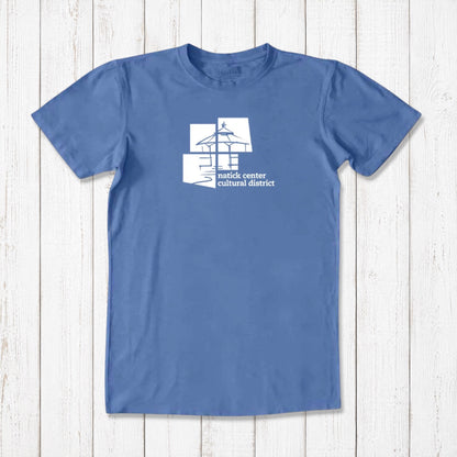 Blue men's Natick Pride T-shirt made from bamboo and organic cotton, featuring white Natick Center Cultural District logo, perfect hometown gift.