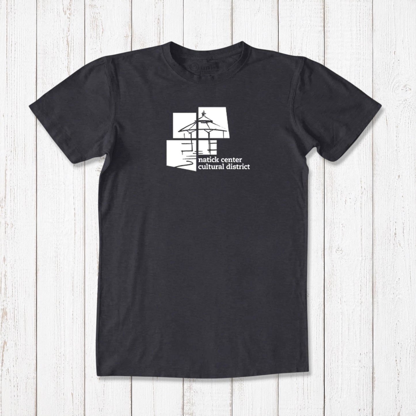 Charcoal black men's bamboo and organic cotton Natick T-shirt with white cultural district graphic, classic fit Massachusetts townie apparel.