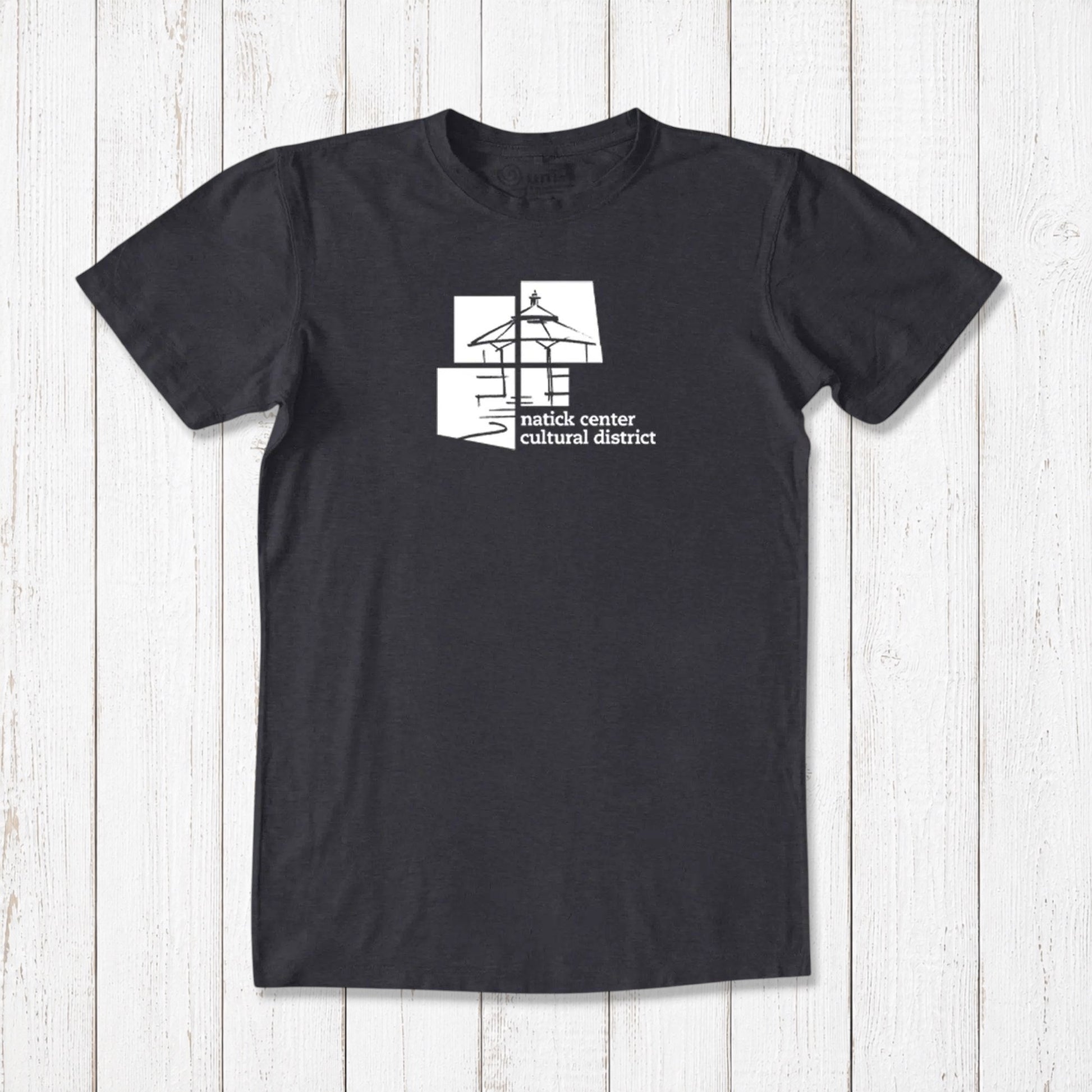 Charcoal black men's bamboo and organic cotton Natick T-shirt with white cultural district graphic, classic fit Massachusetts townie apparel.