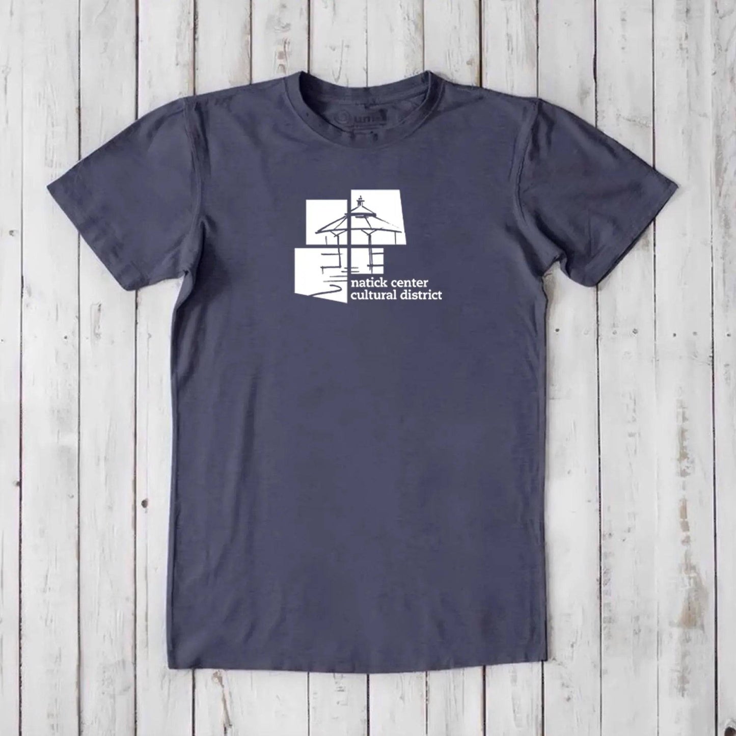 Slate blue men's Natick Center Cultural District T-shirt in bamboo and organic cotton, white graphic print, soft and sustainable local pride tee.