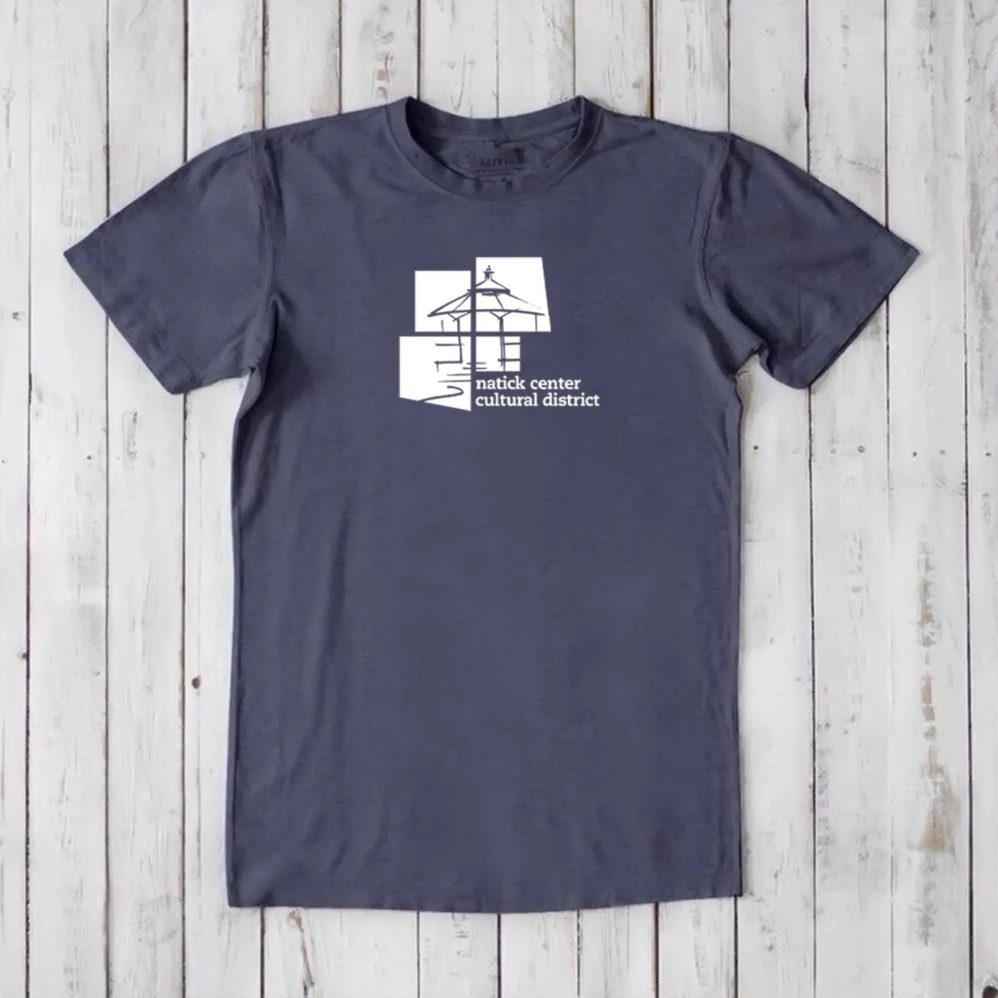 Slate blue men's Natick Center Cultural District T-shirt in bamboo and organic cotton, white graphic print, soft and sustainable local pride tee.