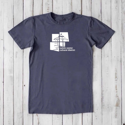 Slate blue men's Natick Center Cultural District T-shirt in bamboo and organic cotton, white graphic print, soft and sustainable local pride tee.