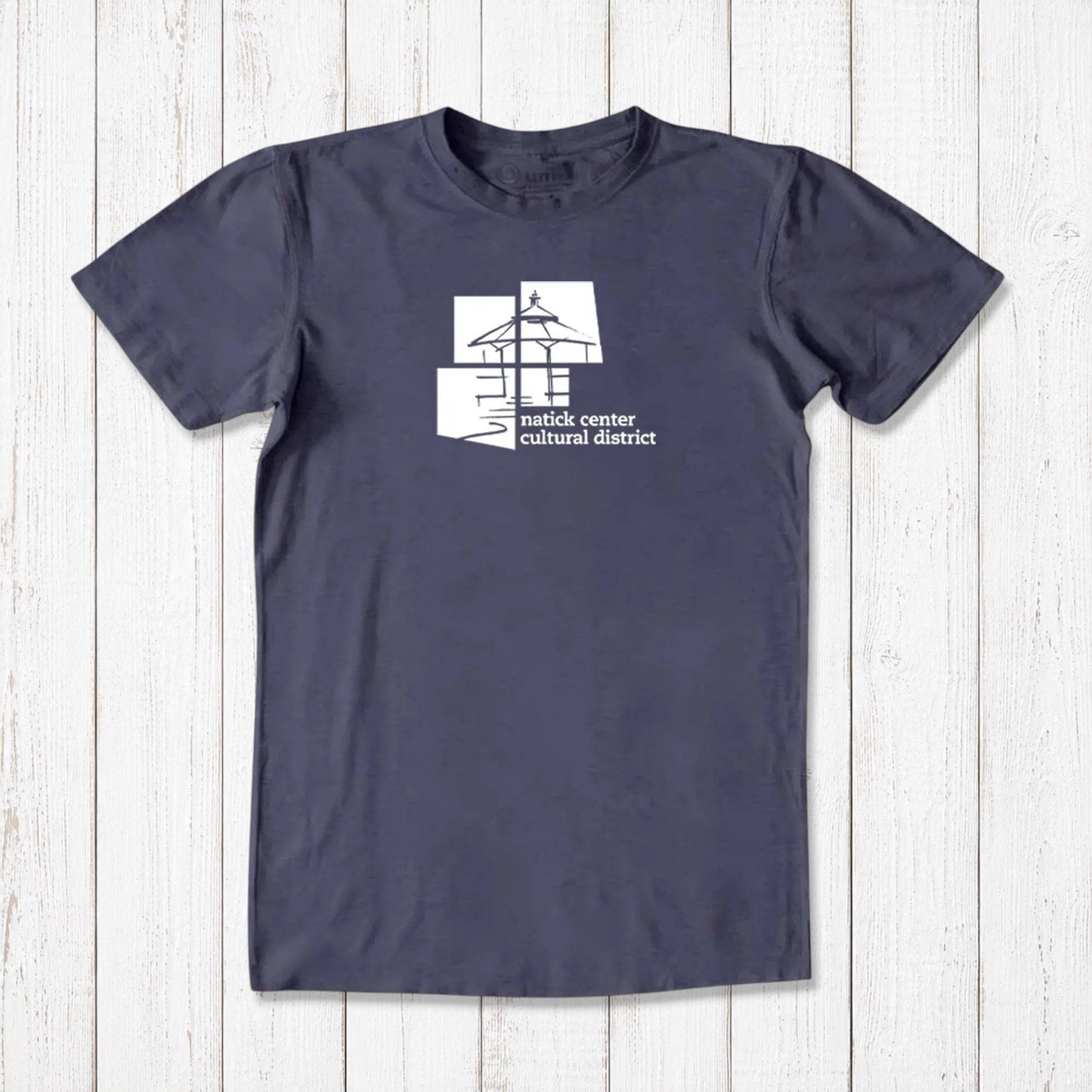 Slate blue men's Natick Center Cultural District T-shirt in bamboo and organic cotton, white graphic print, soft and sustainable local pride tee.